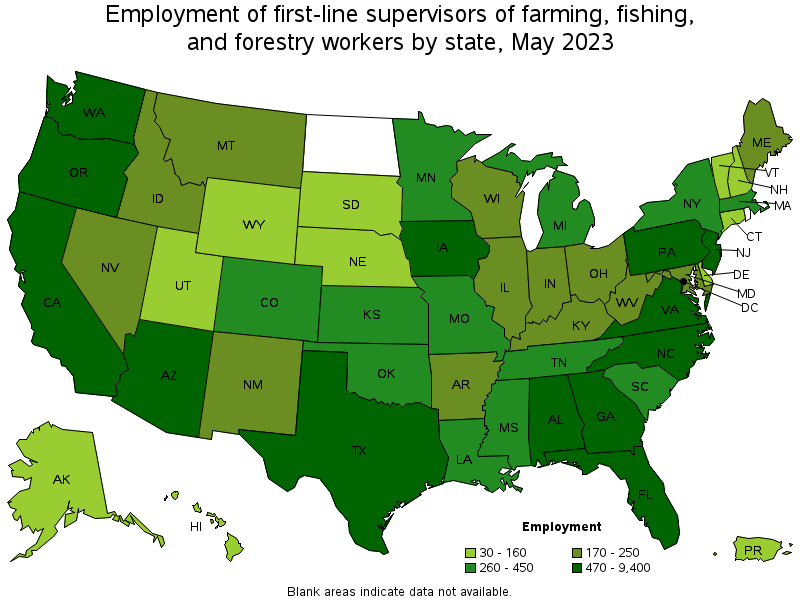 Map of employment of first-line supervisors of farming, fishing, and forestry workers by state, May 2022