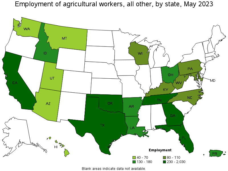Map of employment of agricultural workers, all other by state, May 2021