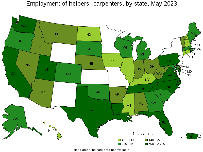 Map of employment of helpers--carpenters by state, May 2021