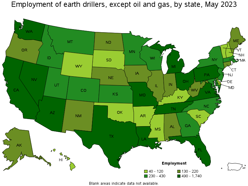 Map of employment of earth drillers, except oil and gas by state, May 2022