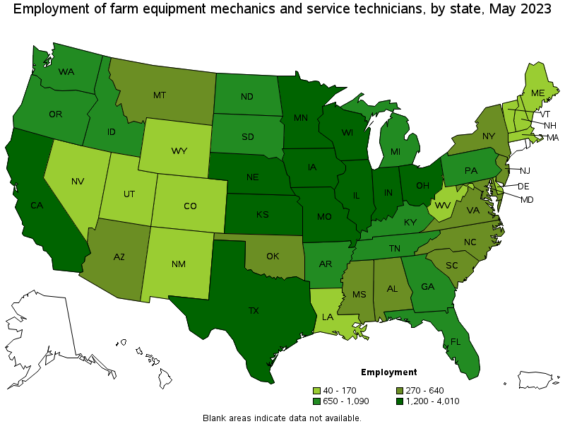 Map of employment of farm equipment mechanics and service technicians by state, May 2021