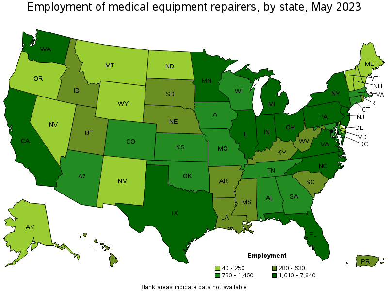Map of employment of medical equipment repairers by state, May 2022