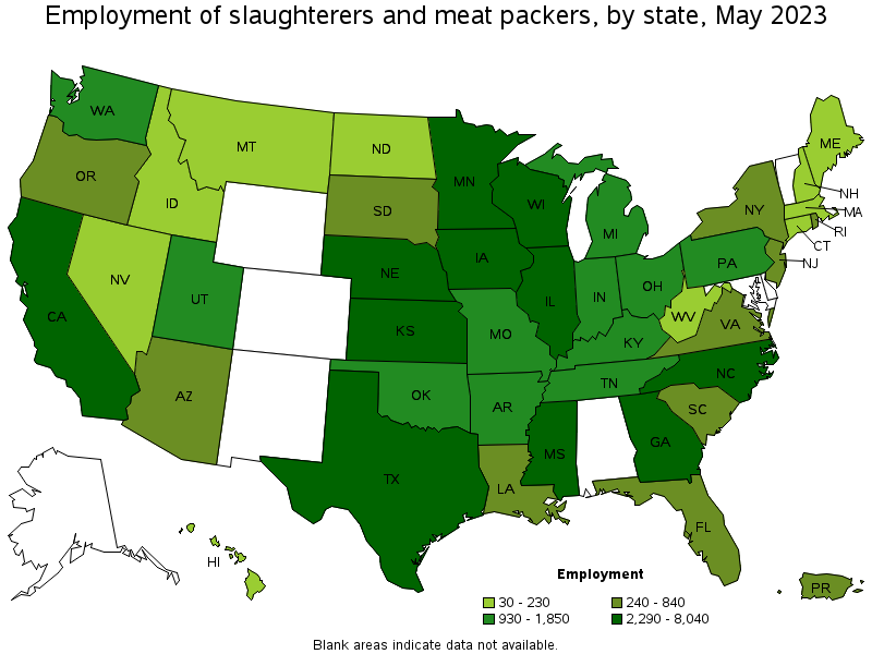Map of employment of slaughterers and meat packers by state, May 2021