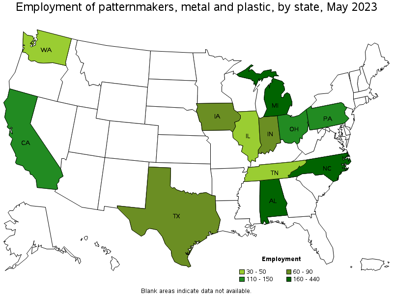 Map of employment of patternmakers, metal and plastic by state, May 2021