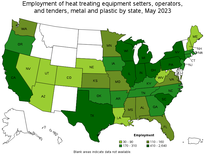 Map of employment of heat treating equipment setters, operators, and tenders, metal and plastic by state, May 2021