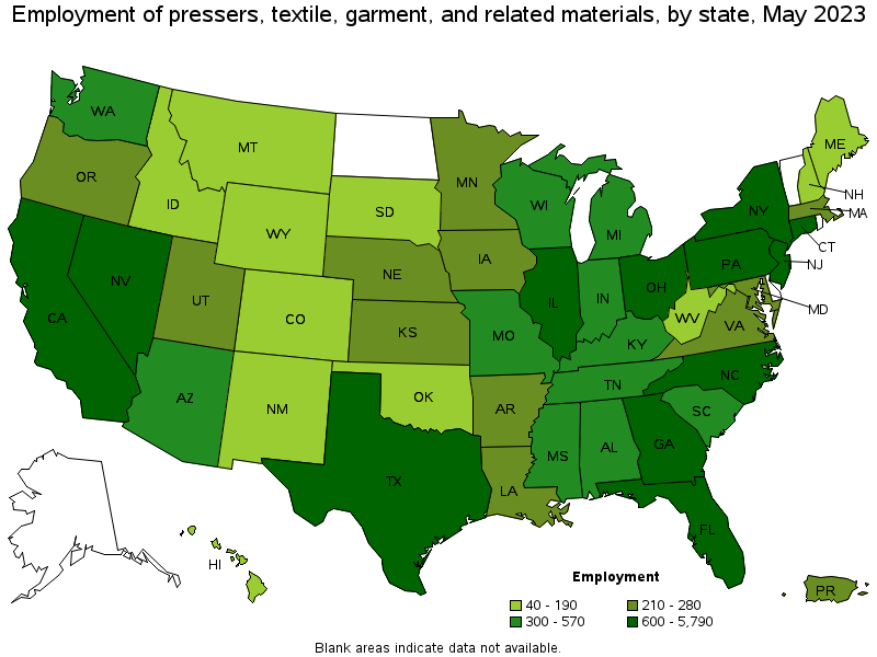 Map of employment of pressers, textile, garment, and related materials by state, May 2021