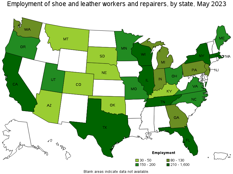 Map of employment of shoe and leather workers and repairers by state, May 2021
