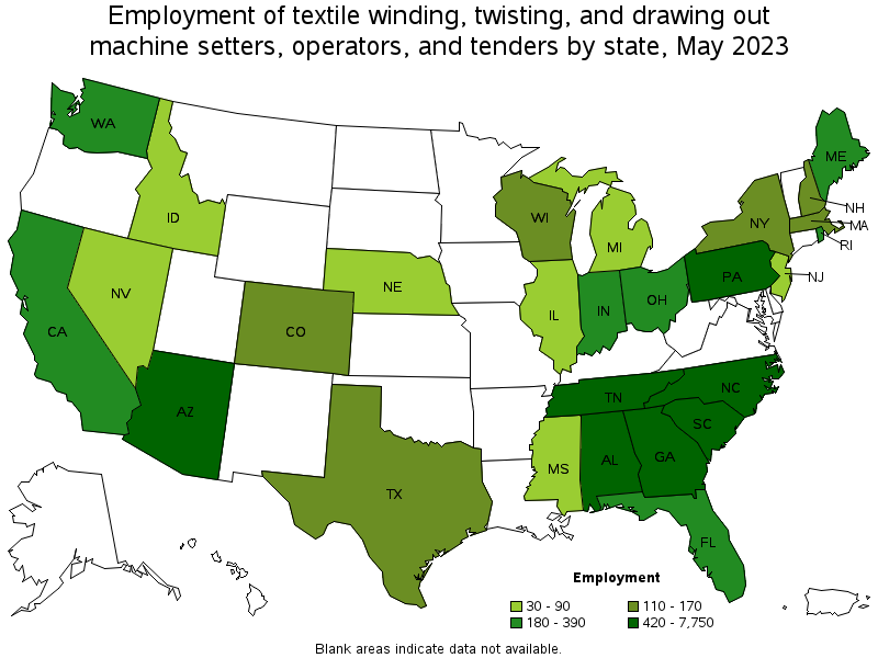 Map of employment of textile winding, twisting, and drawing out machine setters, operators, and tenders by state, May 2022