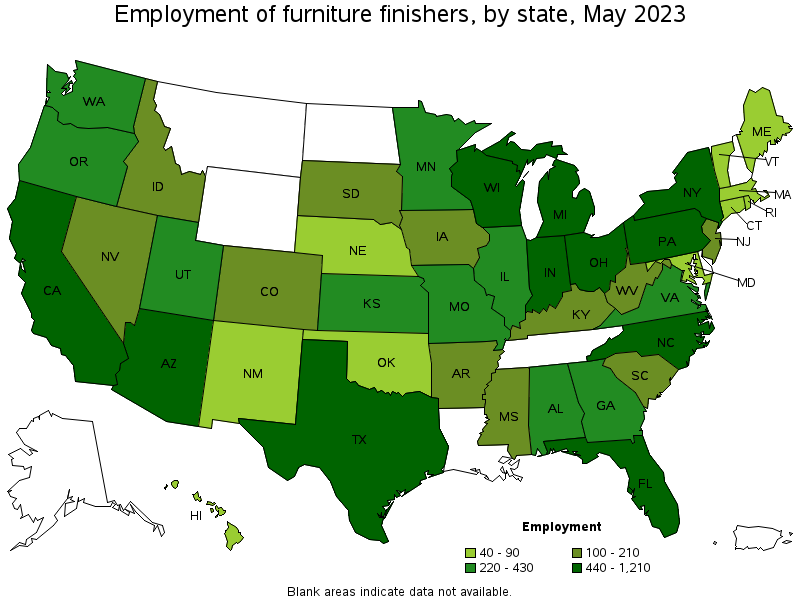 Map of employment of furniture finishers by state, May 2021