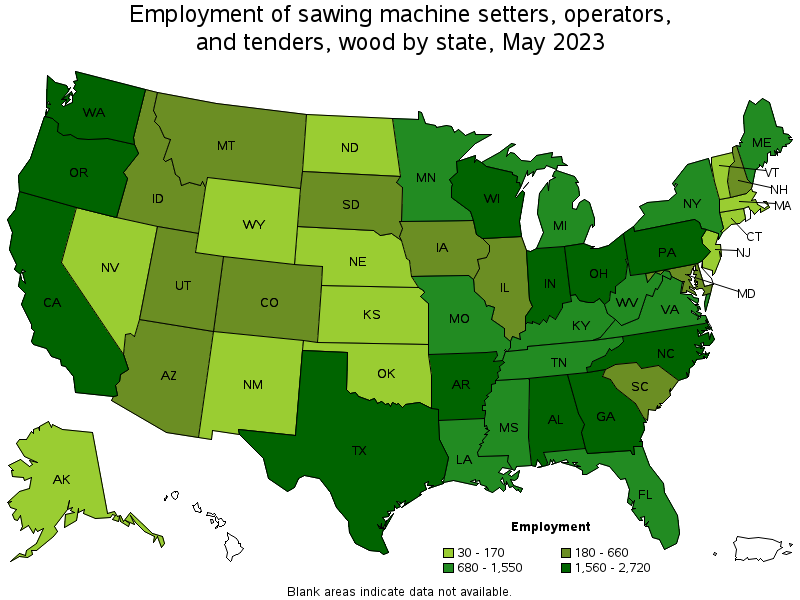 Map of employment of sawing machine setters, operators, and tenders, wood by state, May 2021
