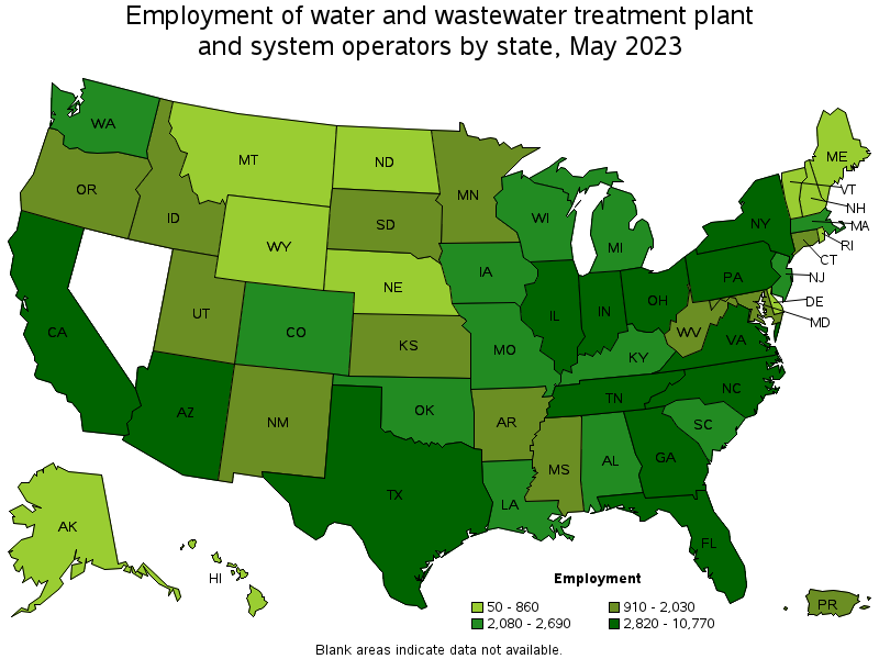 Map of employment of water and wastewater treatment plant and system operators by state, May 2021
