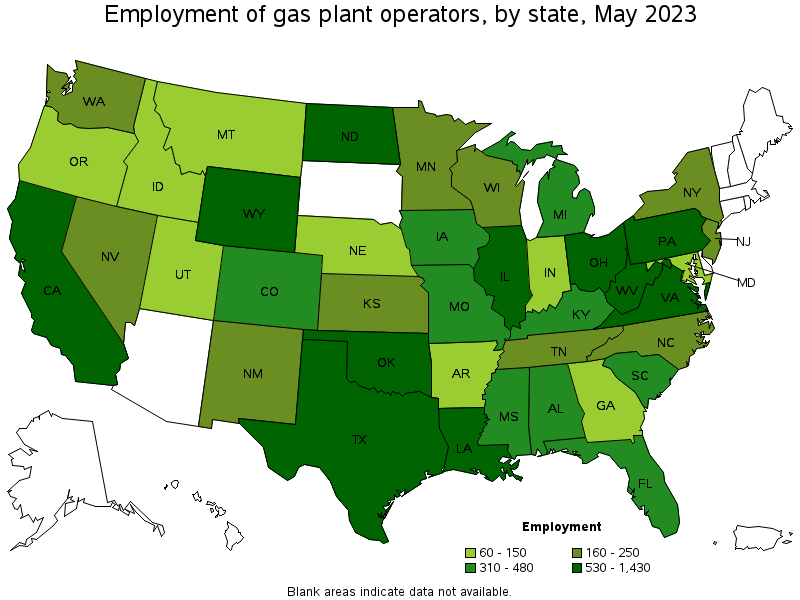 Map of employment of gas plant operators by state, May 2022
