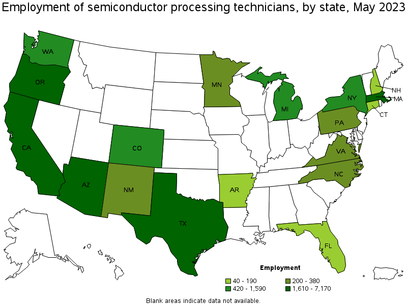Map of employment of semiconductor processing technicians by state, May 2022