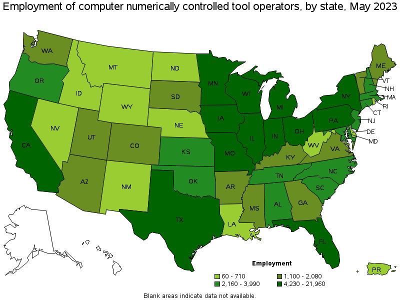 Map of employment of computer numerically controlled tool operators by state, May 2021