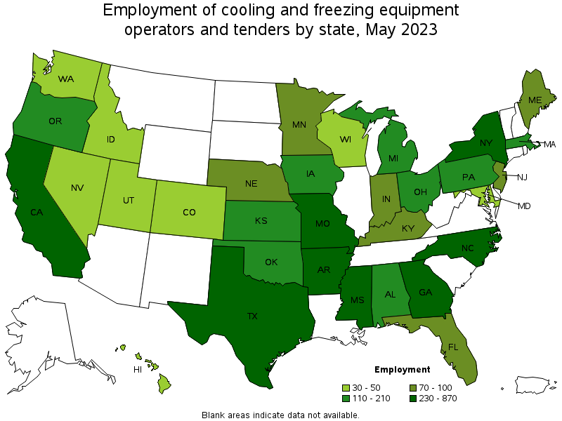 Map of employment of cooling and freezing equipment operators and tenders by state, May 2021