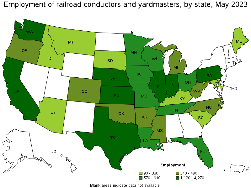 Map of employment of railroad conductors and yardmasters by state, May 2021