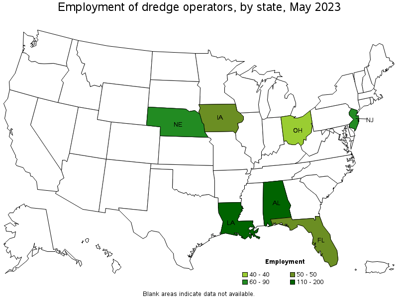Map of employment of dredge operators by state, May 2021