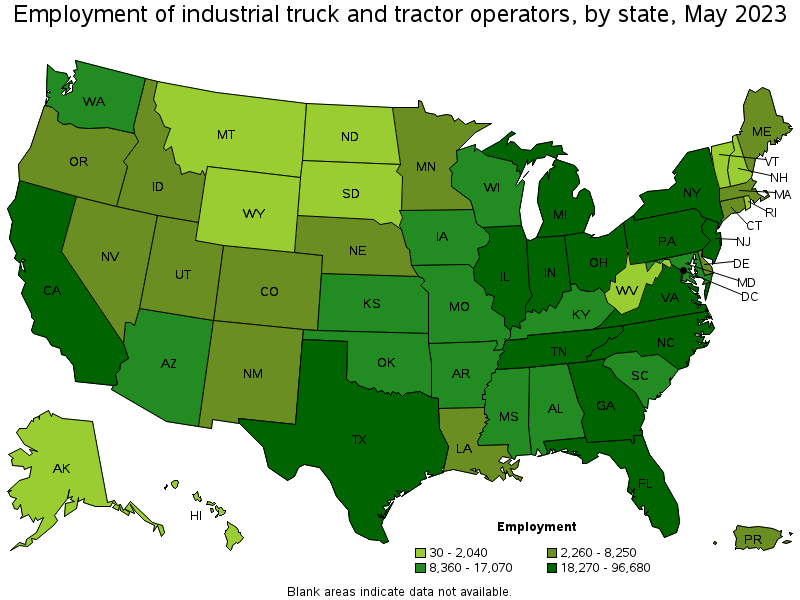 Map of employment of industrial truck and tractor operators by state, May 2022