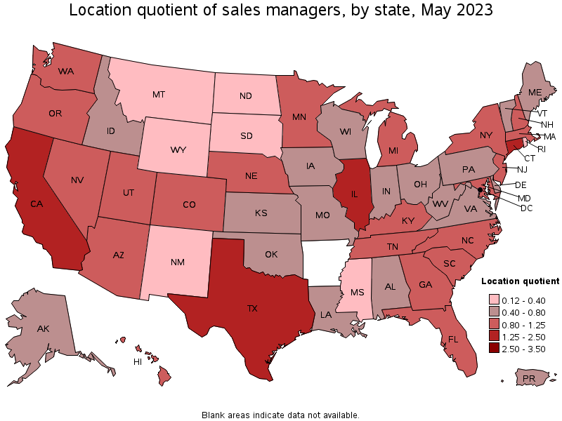 Map of location quotient of sales managers by state, May 2022