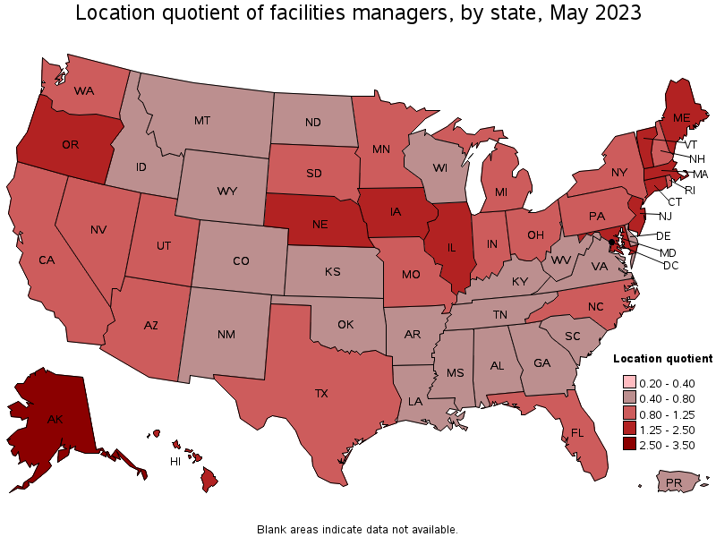 Map of location quotient of facilities managers by state, May 2021