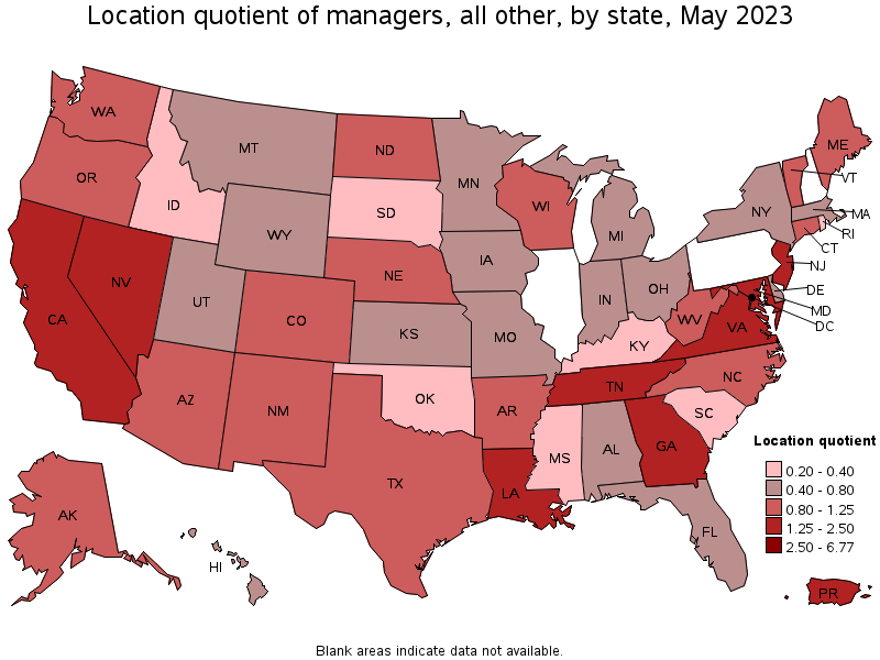 Map of location quotient of managers, all other by state, May 2022