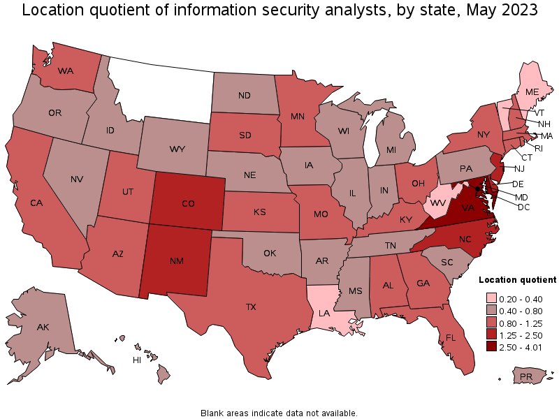 Map of location quotient of information security analysts by state, May 2022