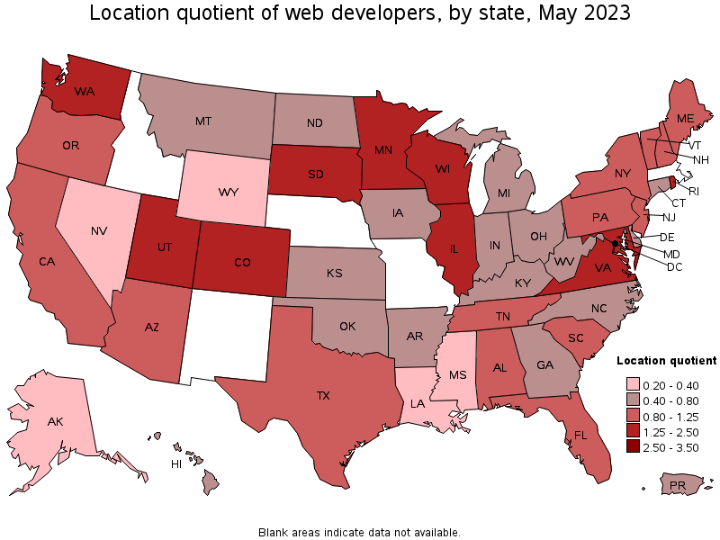 Map of location quotient of web developers by state, May 2021