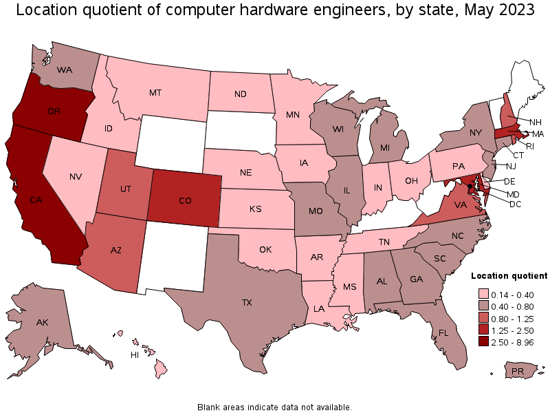 Map of location quotient of computer hardware engineers by state, May 2022