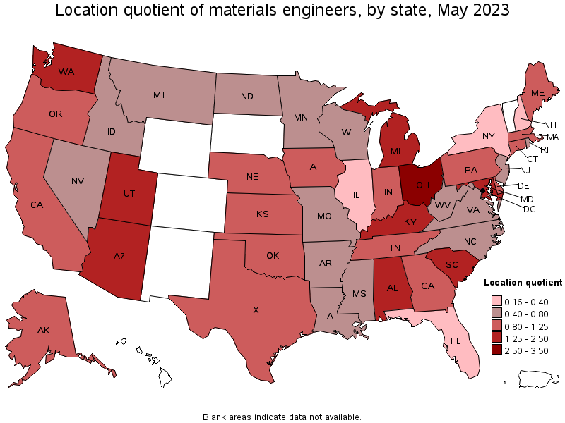 Map of location quotient of materials engineers by state, May 2021