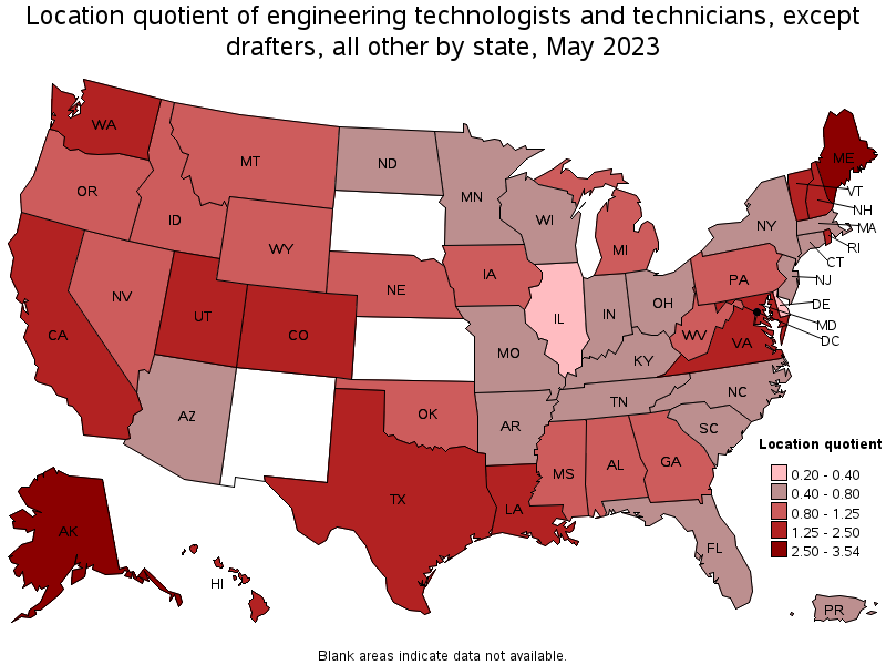 Map of location quotient of engineering technologists and technicians, except drafters, all other by state, May 2021