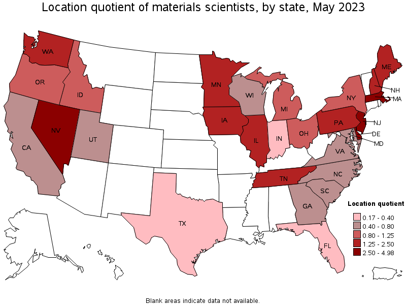 Map of location quotient of materials scientists by state, May 2022