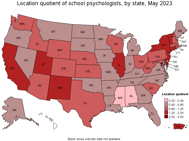 Map of location quotient of school psychologists by state, May 2022