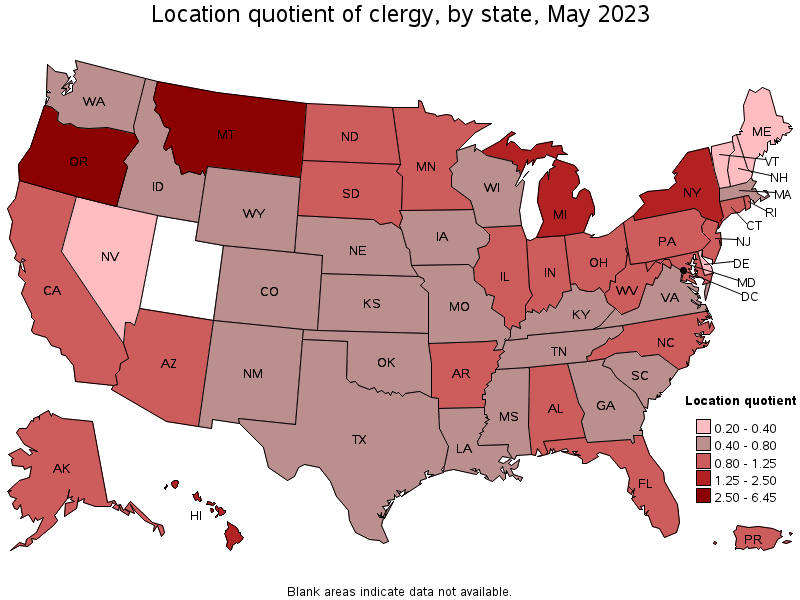 Map of location quotient of clergy by state, May 2022