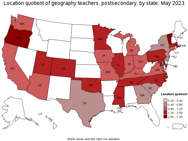 Map of location quotient of geography teachers, postsecondary by state, May 2021