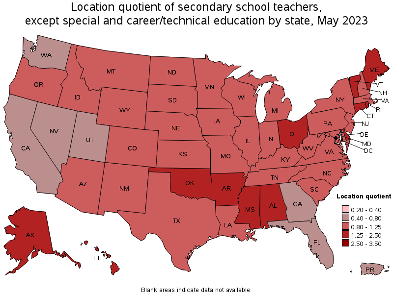 Map of location quotient of secondary school teachers, except special and career/technical education by state, May 2021