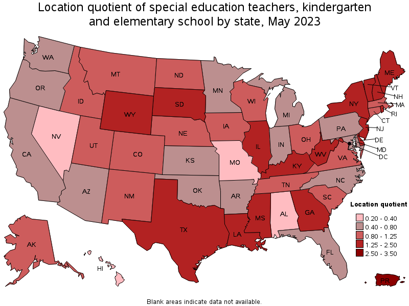 Map of location quotient of special education teachers, kindergarten and elementary school by state, May 2022