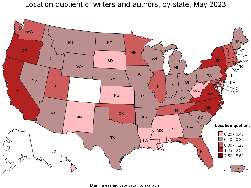 Map of location quotient of writers and authors by state, May 2021