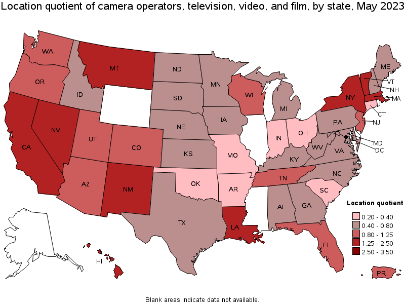 Map of location quotient of camera operators, television, video, and film by state, May 2022