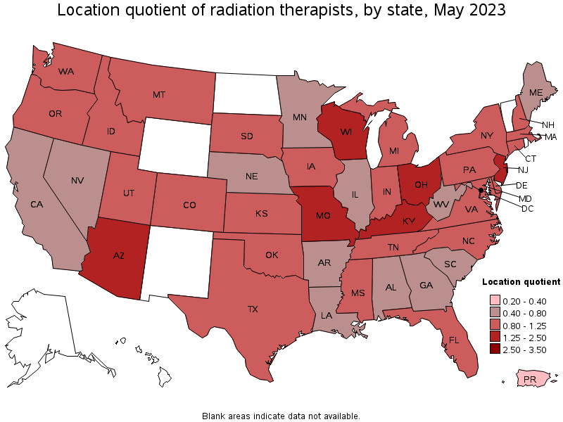 Map of location quotient of radiation therapists by state, May 2021