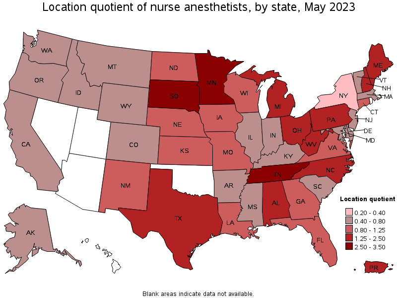 Map of location quotient of nurse anesthetists by state, May 2021