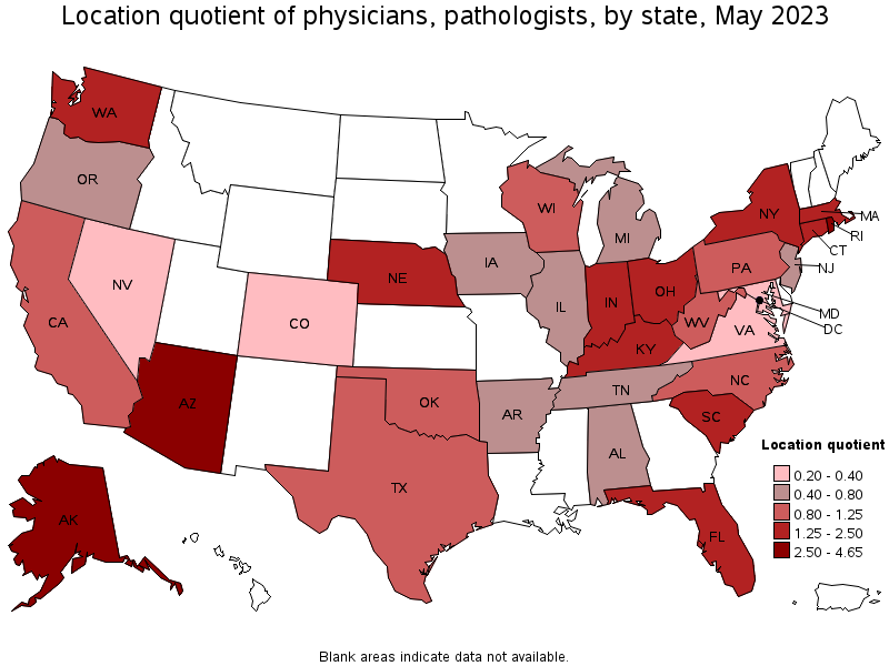 Map of location quotient of physicians, pathologists by state, May 2022