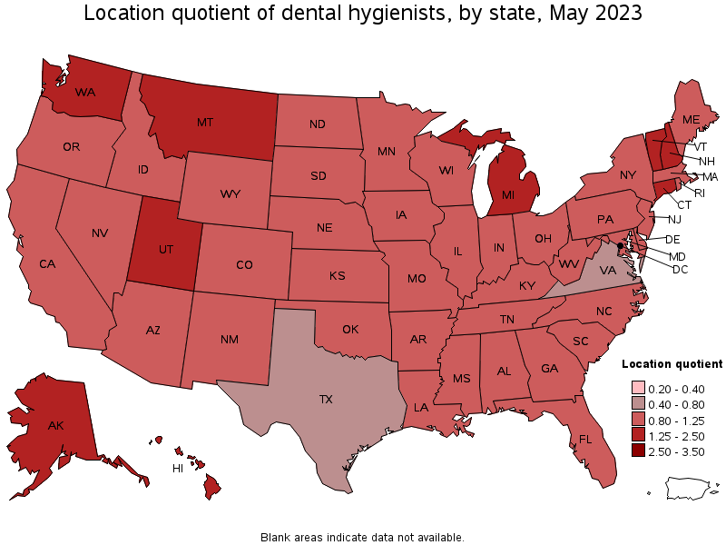Map of location quotient of dental hygienists by state, May 2021