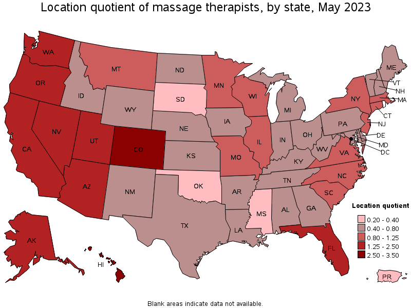 Map of location quotient of massage therapists by state, May 2021