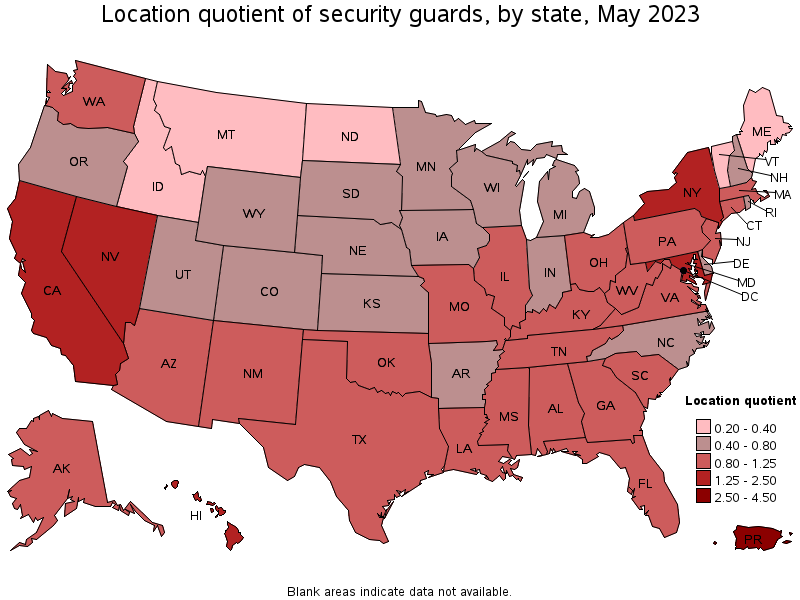 Map of location quotient of security guards by state, May 2021