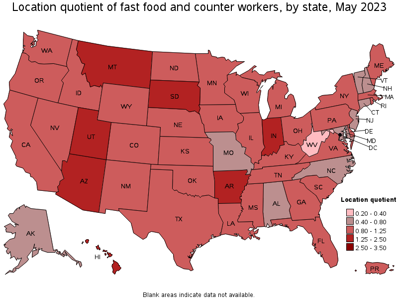 Map of location quotient of fast food and counter workers by state, May 2022