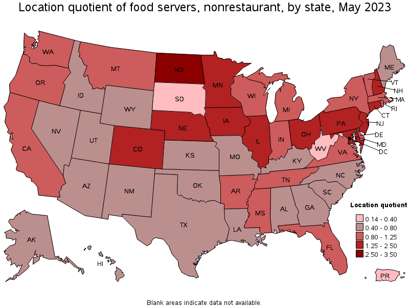 Map of location quotient of food servers, nonrestaurant by state, May 2022