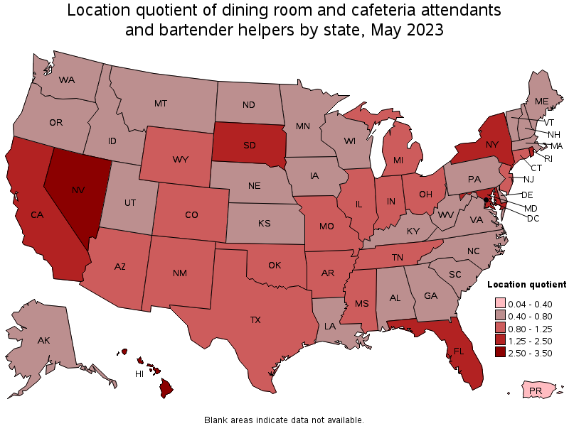 Map of location quotient of dining room and cafeteria attendants and bartender helpers by state, May 2022