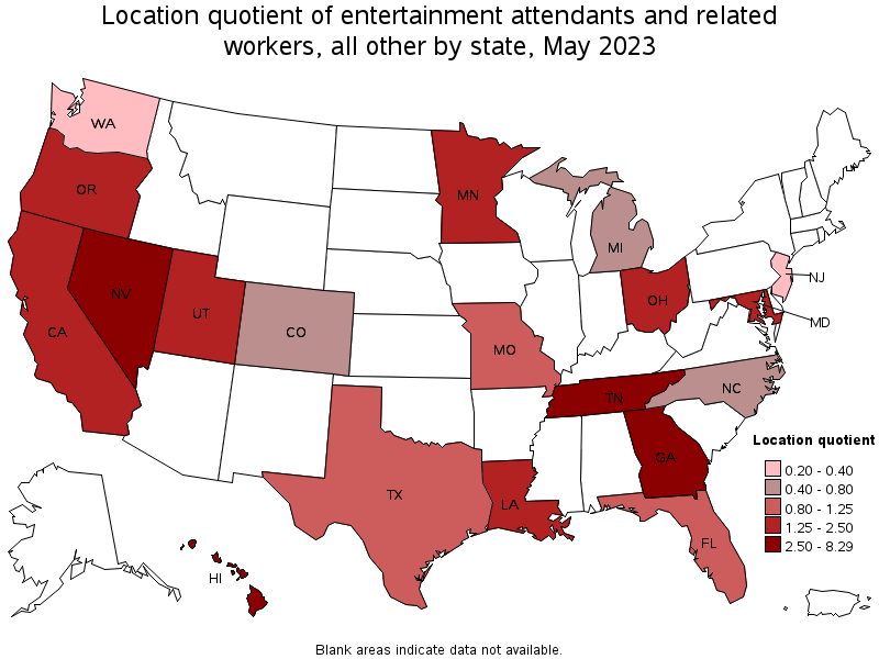 Map of location quotient of entertainment attendants and related workers, all other by state, May 2021