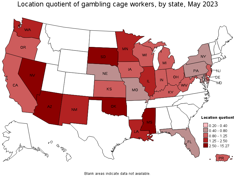 Map of location quotient of gambling cage workers by state, May 2021