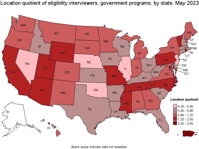 Map of location quotient of eligibility interviewers, government programs by state, May 2022
